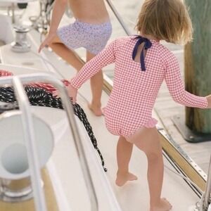 MINNOW Girls Swimsuit Red Gingham Rashguard One Piece Long Sleeve Ruffle 9 10